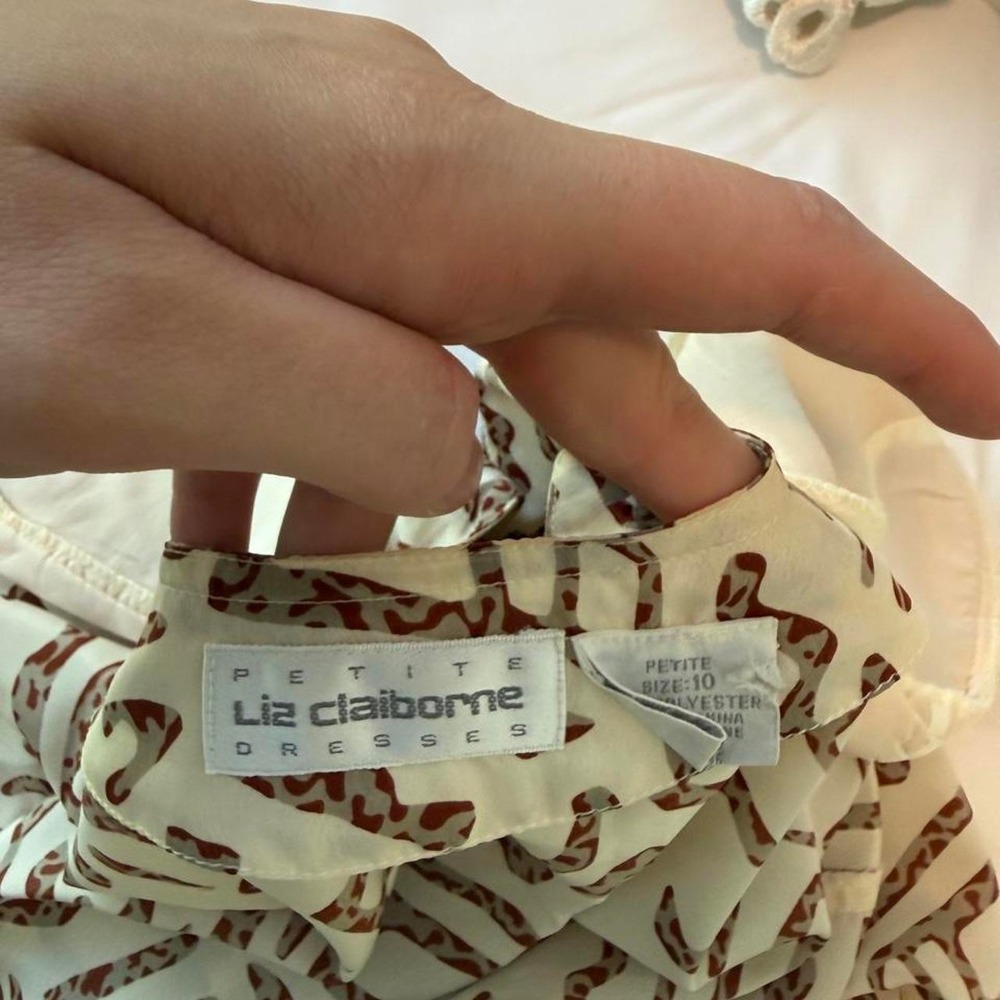 Vintage Liz Claiborne Cream & Brown Abstract Print Dress | Size Petite 10 - Picture 7 of 7
